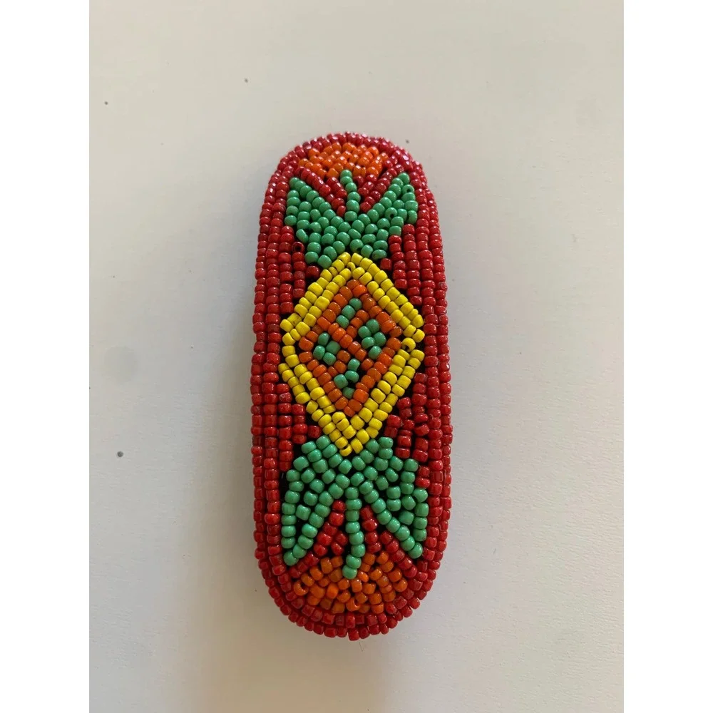 Vintage Seed Bead Hair Barrette Red Green Yellow Geometric Boho French Clip